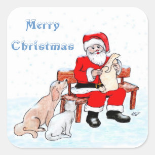 Pegatina Cuadrada Feliz Navidad - Papá Noel con gato y perro