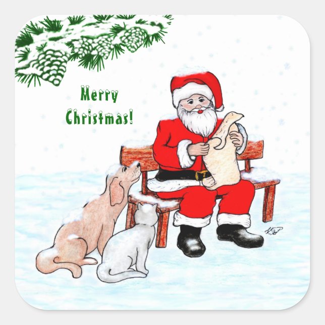 Pegatina Cuadrada Feliz Navidad! Papá Noel con gato y perro (Anverso)
