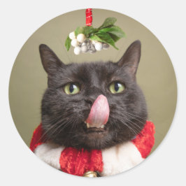 Pegatina Cuadrada Feliz Navidad Para Cualquier Gato Bajo Mistleto