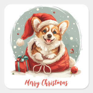 Pegatina Cuadrada Feliz Navidad Pembroke Corgi galés cachorros