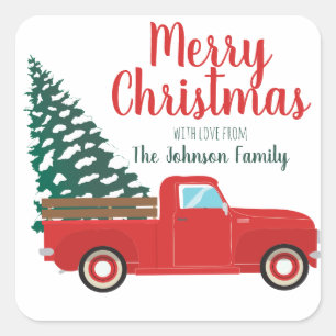 Pegatina Cuadrada Feliz Navidad Pequeña Camioneta Roja Árbol De Pi