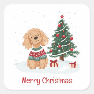 Pegatina Cuadrada Feliz Navidad Perro Goldendoodle