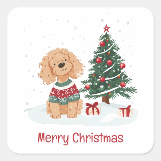 Pegatina Cuadrada Feliz Navidad Perro Goldendoodle (Anverso)