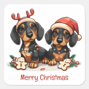 Pegatina Cuadrada Feliz Navidad Perros Dachshund