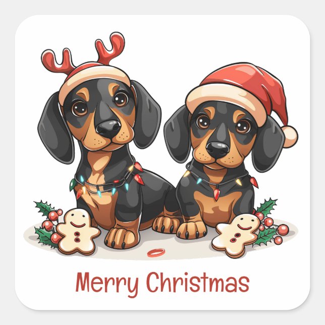 Pegatina Cuadrada Feliz Navidad Perros Dachshund (Anverso)