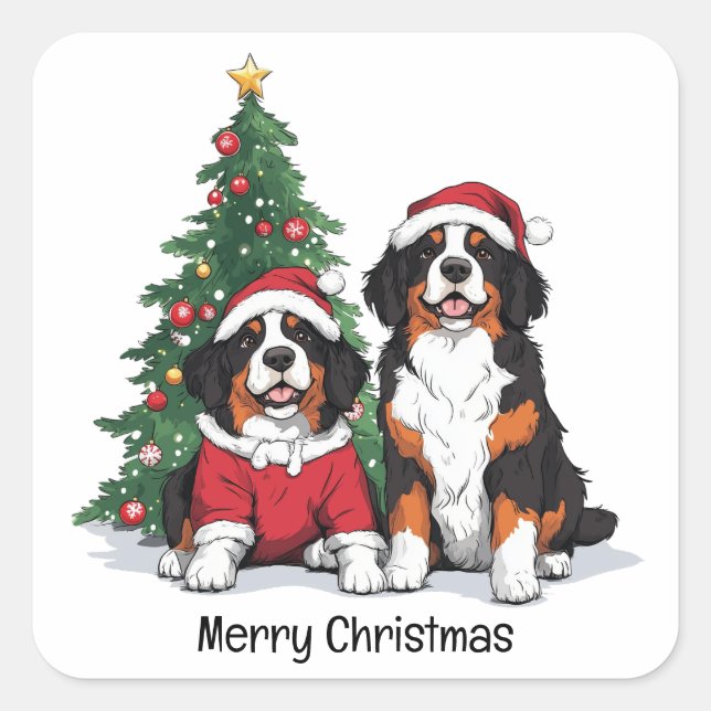 Pegatina Cuadrada Feliz Navidad Perros de Montaña Berneses (Anverso)