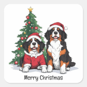Pegatina Cuadrada Feliz Navidad Perros de Montaña Berneses