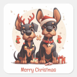 Pegatina Cuadrada Feliz Navidad Perros Dobermann