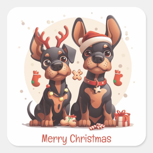 Pegatina Cuadrada Feliz Navidad Perros Dobermann (Anverso)