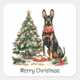 Pegatina Cuadrada Feliz Navidad Perros Dobermann