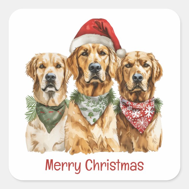 Pegatina Cuadrada Feliz Navidad Perros recuperadores de oro (Anverso)