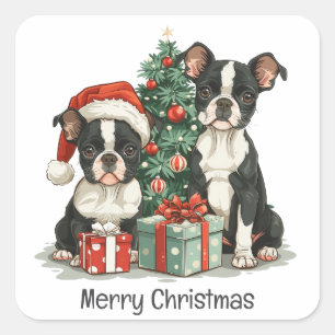 Pegatina Cuadrada Feliz Navidad Perros Terrier de Boston