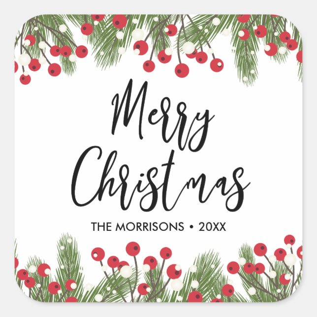 Pegatina Cuadrada Feliz Navidad Personalizado Botánico de Pino y Ber (Anverso)
