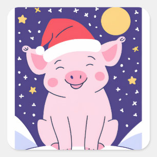 Pegatina Cuadrada Feliz Navidad Piglet con sombrero Santa