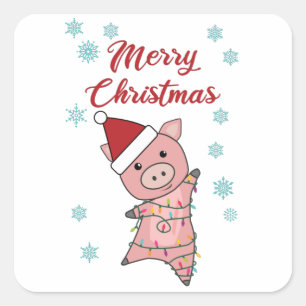 Pegatina Cuadrada Feliz Navidad Piglet Pig Nieve Invierno