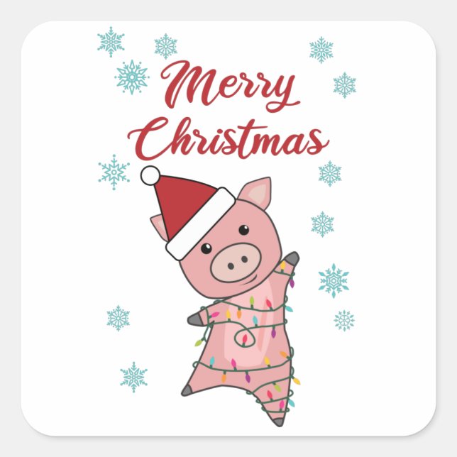 Pegatina Cuadrada Feliz Navidad Piglet Pig Nieve Invierno (Anverso)