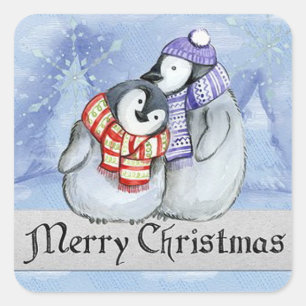 Pegatina Cuadrada Feliz Navidad Pingüino