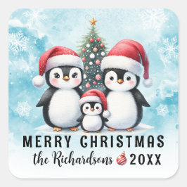 Pegatina Cuadrada Feliz Navidad Pingüinos Azules y Personalizados Ro