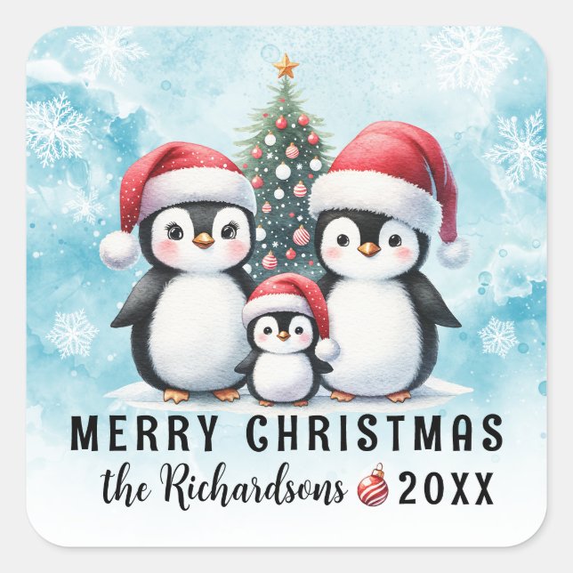 Pegatina Cuadrada Feliz Navidad Pingüinos Azules y Personalizados Ro (Anverso)