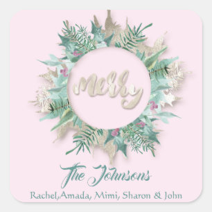 Pegatina Cuadrada Feliz Navidad Pink Mint Ivory Holidays Pastel