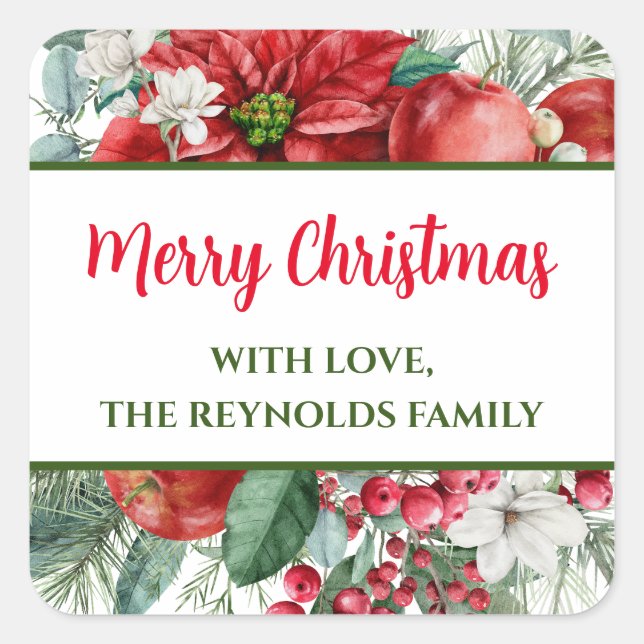 Pegatina Cuadrada Feliz Navidad Poinsettia Floral Favor (Anverso)