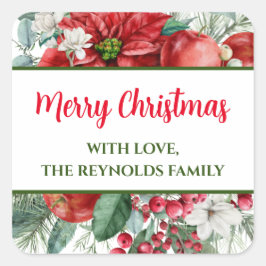 Pegatina Cuadrada Feliz Navidad Poinsettia Floral Favor