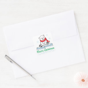Pegatina Cuadrada Feliz Navidad Polar Bear