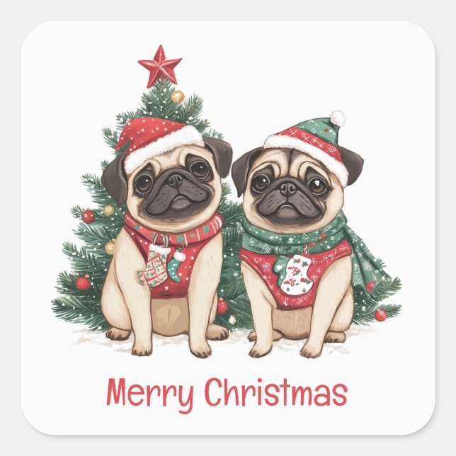 Pegatina Cuadrada Feliz Navidad Pug Dogs (Anverso)