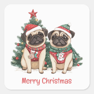 Pegatina Cuadrada Feliz Navidad Pug Dogs