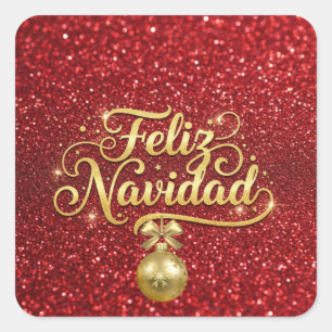 Pegatina Cuadrada Feliz Navidad, purpurina roja,