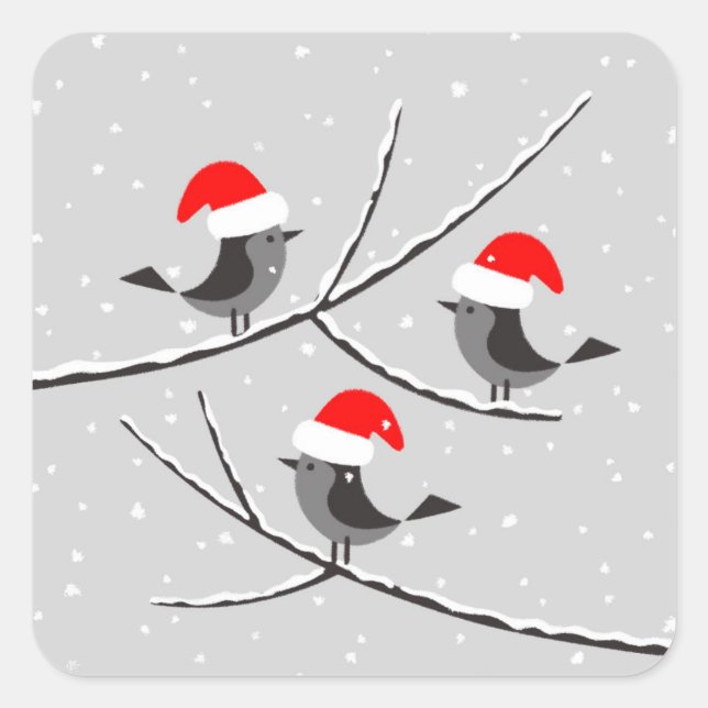 Pegatina Cuadrada Feliz Navidad Red Santa Hat Birds (Anverso)