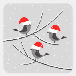 Pegatina Cuadrada Feliz Navidad Red Santa Hat Birds