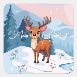 Pegatina Cuadrada Feliz Navidad Reno Cute Cartoons en invierno