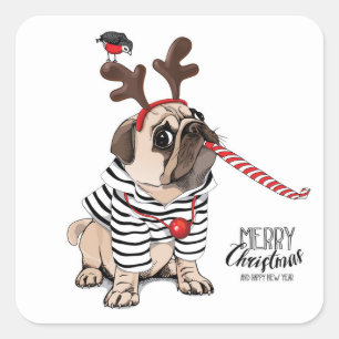Pegatina Cuadrada Feliz Navidad   Reno de Pug