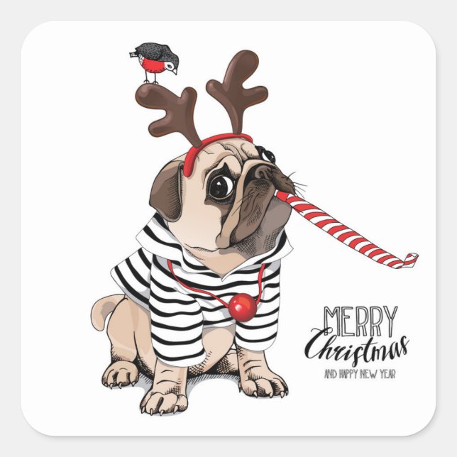 Pegatina Cuadrada Feliz Navidad | Reno de Pug (Anverso)
