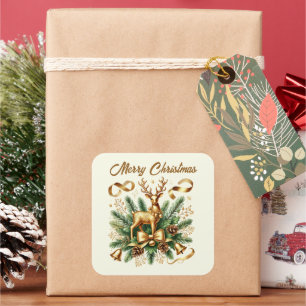 Pegatina Cuadrada Feliz Navidad, reno dorado añadir texto