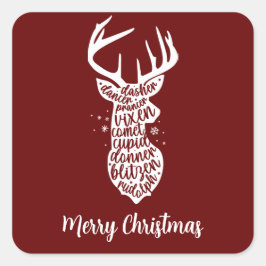 Pegatina Cuadrada Feliz Navidad, renos de Santa Claus, rojo oscuro