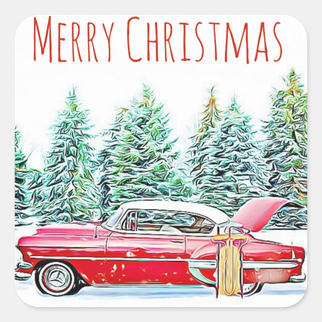 Pegatina Cuadrada Feliz Navidad Retro Car y Sled Wintery (Anverso)