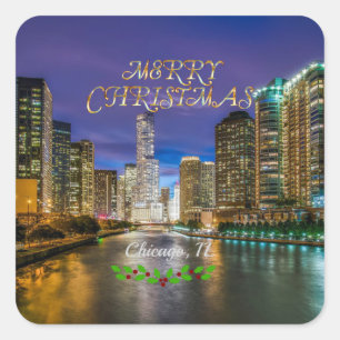 Pegatina Cuadrada Feliz Navidad, río Chicago al atardecer