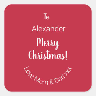 Pegatina Cuadrada Feliz Navidad Roja Cubierta de mamá y papá