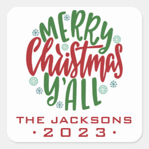 Pegatina Cuadrada Feliz Navidad Rojo y Verde