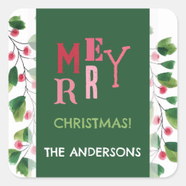 Pegatina Cuadrada Feliz Navidad Rojo Y Verde Wreath De Acuarela