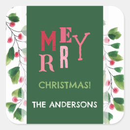 Pegatina Cuadrada Feliz Navidad Rojo Y Verde Wreath De Acuarela