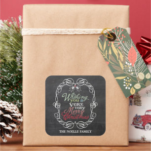 Pegatina Cuadrada Feliz Navidad Rustic Chalkboard Mistletoes