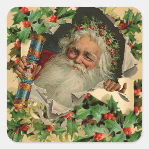 Pegatina Cuadrada Feliz Navidad Santa Claus Clásico antiguo