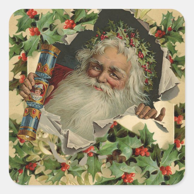 Pegatina Cuadrada Feliz Navidad Santa Claus Clásico antiguo (Anverso)