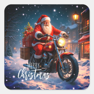 Pegatina Cuadrada Feliz Navidad Santa Claus en Motocicleta y Regalos