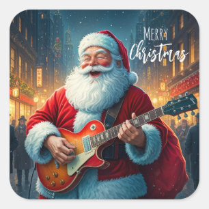 Pegatina Cuadrada Feliz Navidad Santa Claus Tocando Guitarra