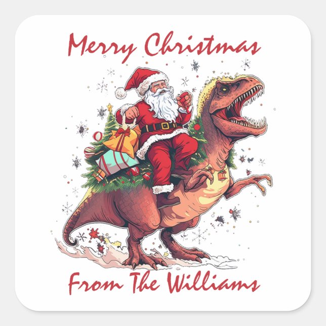 Pegatina Cuadrada Feliz Navidad Santa Claus Tyrannosaurus T-Rex (Anverso)