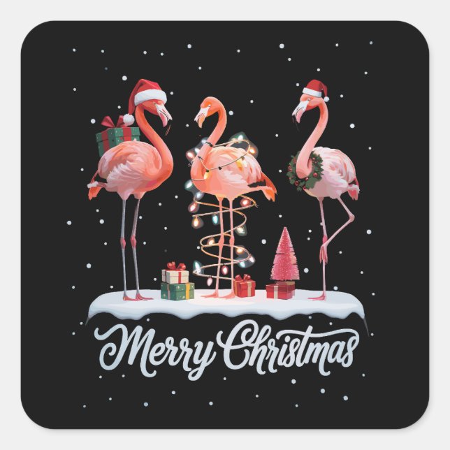 Pegatina Cuadrada Feliz Navidad Santa Flamingo Light Snow Xmas (Anverso)